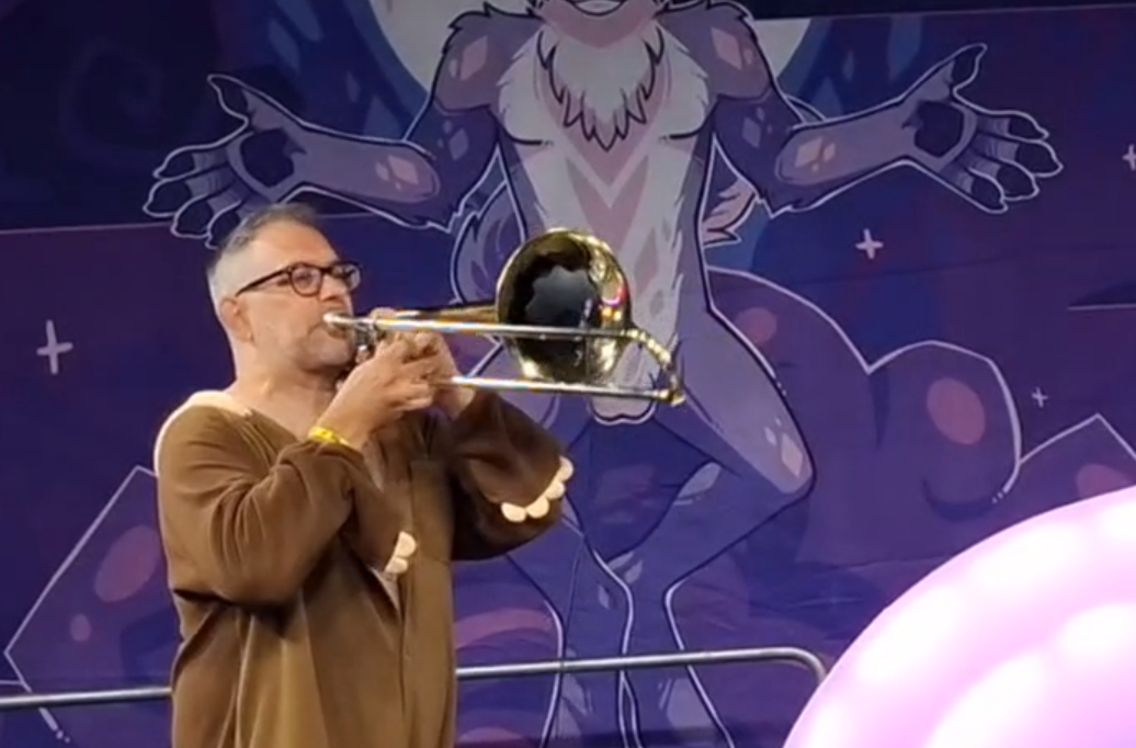 Still from ambient performance showing Jack on trombone