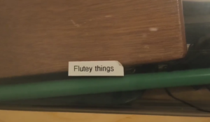 Photo of a box labeled "Flutey things"